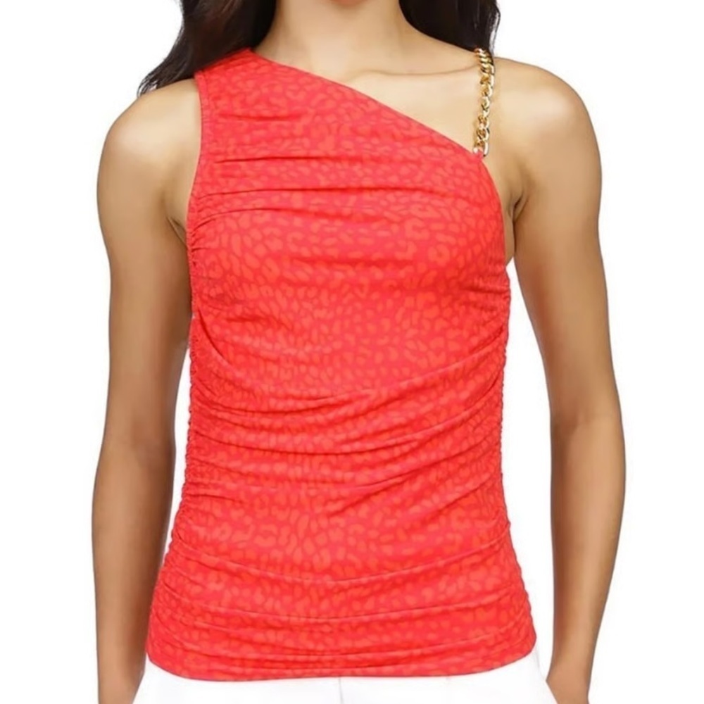 NWT Michael Kors Womanβs XS Red One-Shoulder Tank with Gold Chain Strap